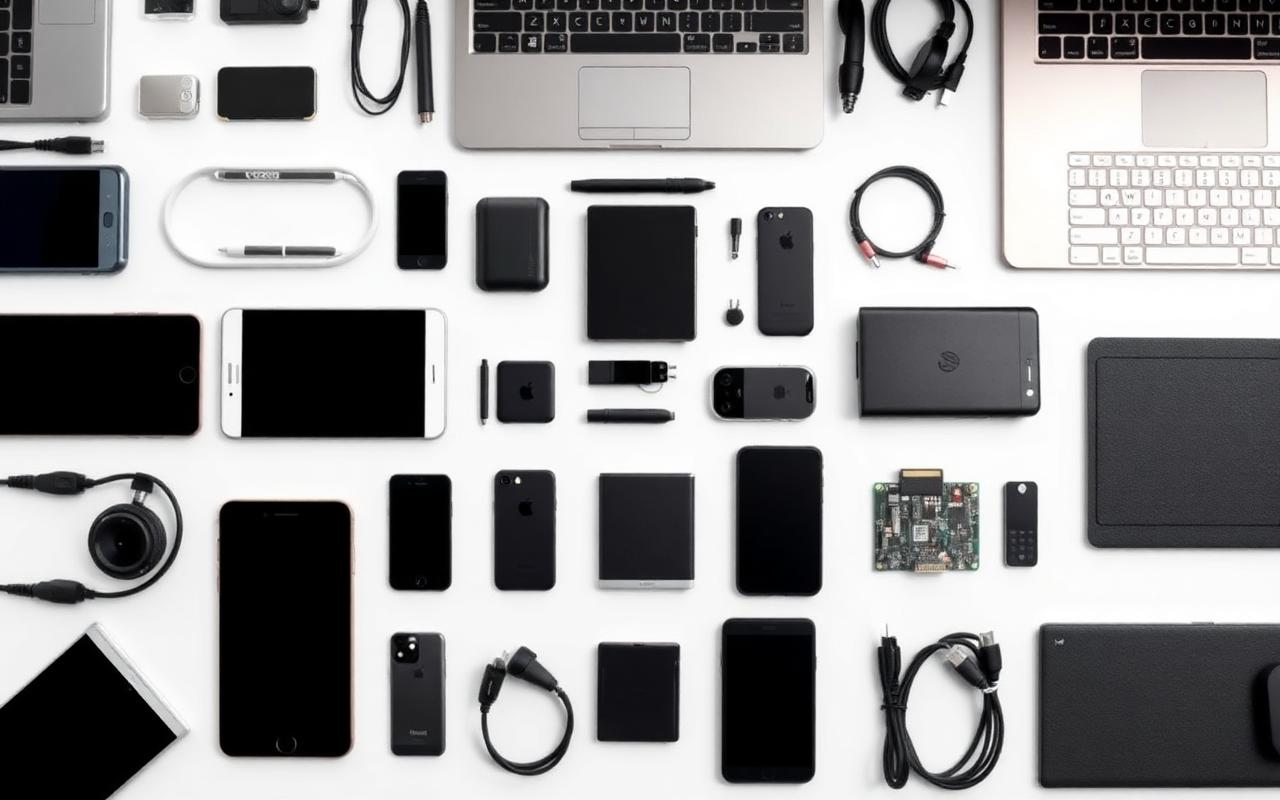 Accepted electronics for free recycling - Phoenix, AZ Flat-lay of accepted electronics - laptops, phones, hard drives, and cables - for free recycling drop-off in Phoenix, AZ